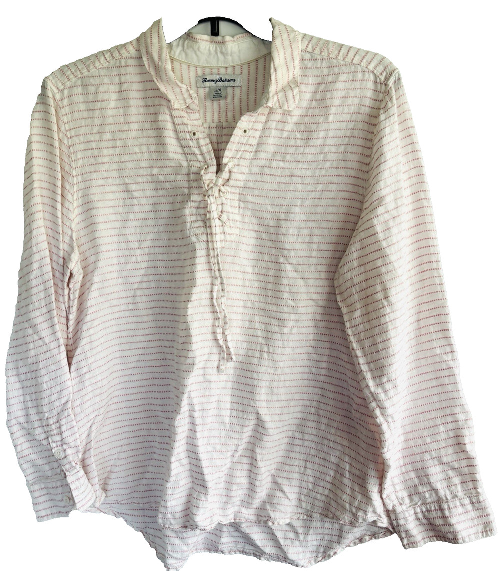 Tommy Bahama Shirt Womens Size L Linen White Pink Lace Up Striped long sleeve